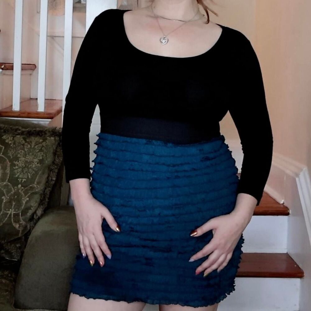 Forever 21 Y2K Bodycon Mini Dress Ruffles Sz Large 3/4 Sleeve Black Teal 2009